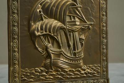 Repouss Fire Screen in Patinated Brass with Galleon Early 20th Century