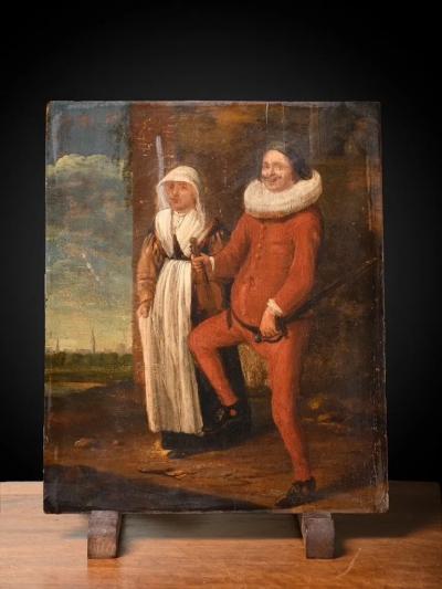Representation of a peasants couple the man partly dressed up as a nobleman