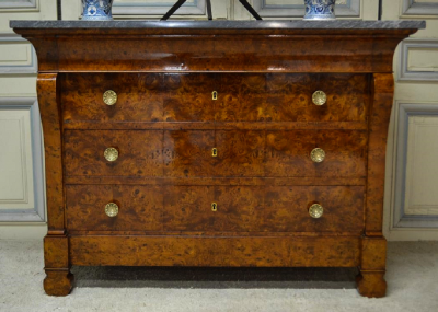 Restauration Period Burl Elm 4 drawer Commode
