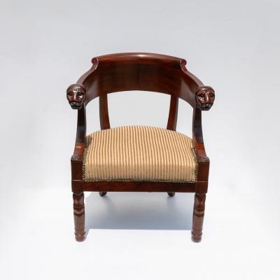 Restoration Period Barrel Back Mahogany Chair With Carved Lion Heads