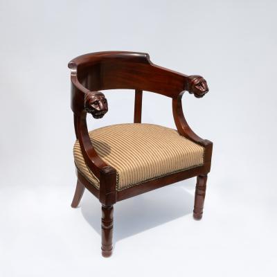Restoration Period Barrel Back Mahogany Chair With Carved Lion Heads