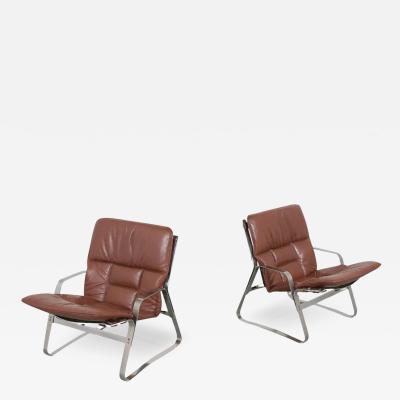 Restored Elsa Nordahl Solheim Mid Century Modern Leather Chrome Lounge Chairs