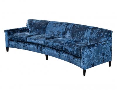 Restored Vintage Mid Century Modern Blue Velvet Curved Sofa