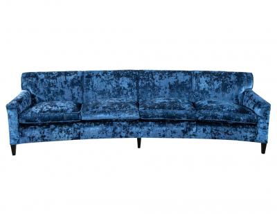 Restored Vintage Mid Century Modern Blue Velvet Curved Sofa