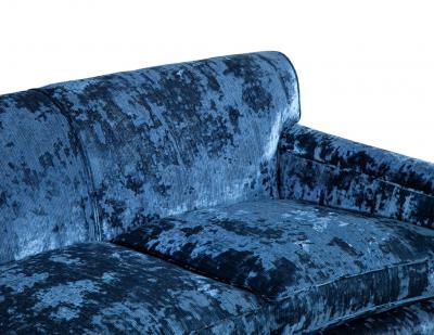 Restored Vintage Mid Century Modern Blue Velvet Curved Sofa