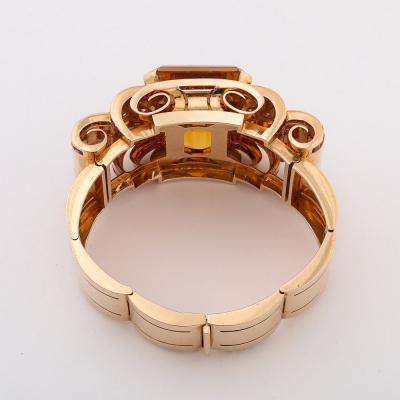 Retro Art Deco Cuff Bracelet in 14Karat Gold w Citrine Rubies and Diamonds