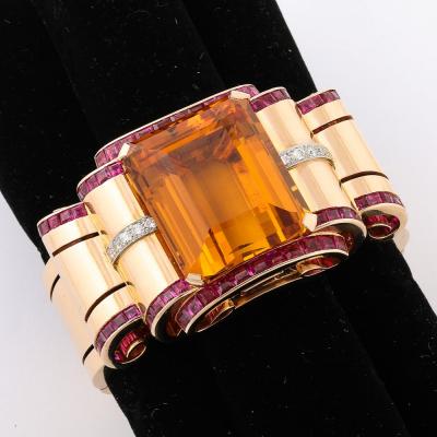 Retro Art Deco Cuff Bracelet in 14Karat Gold w Citrine Rubies and Diamonds