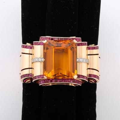 Retro Art Deco Cuff Bracelet in 14Karat Gold w Citrine Rubies and Diamonds