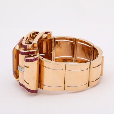 Retro Art Deco Cuff Bracelet in 14Karat Gold w Citrine Rubies and Diamonds