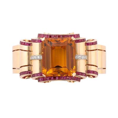 Retro Art Deco Cuff Bracelet in 14Karat Gold w Citrine Rubies and Diamonds