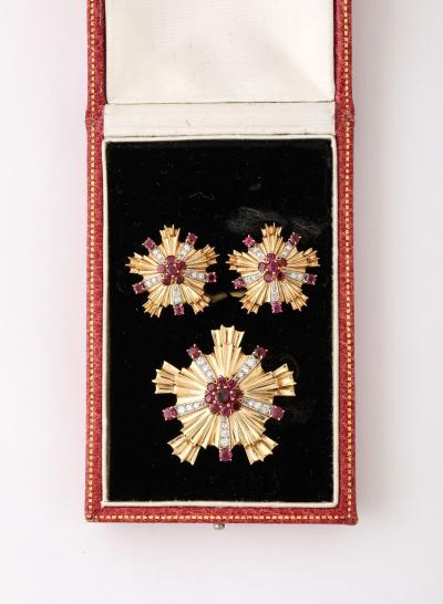 Retro Ruby Diamond and 14k Gold Earring and Brooch Set