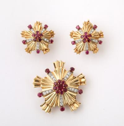 Retro Ruby Diamond and 14k Gold Earring and Brooch Set