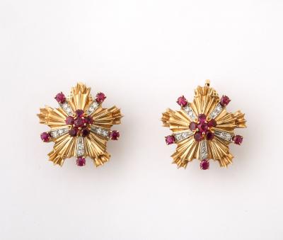 Retro Ruby Diamond and 14k Gold Earring and Brooch Set
