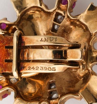 Retro Ruby Diamond and 14k Gold Earring and Brooch Set