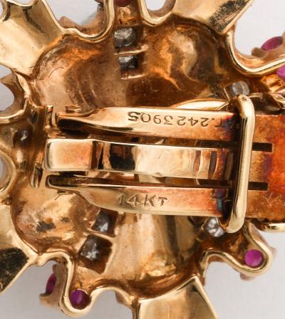 Retro Ruby Diamond and 14k Gold Earring and Brooch Set