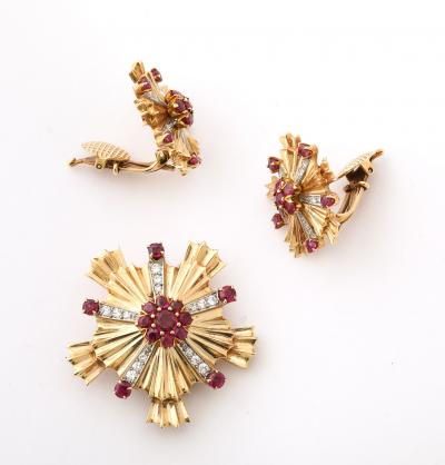 Retro Ruby Diamond and 14k Gold Earring and Brooch Set