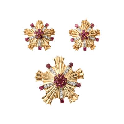 Retro Ruby Diamond and 14k Gold Earring and Brooch Set