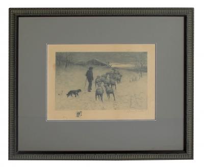 Reuben LeGrande Johnson Henry Pruett Share etching of a wintry pastoral scene R LeGrande Johnston