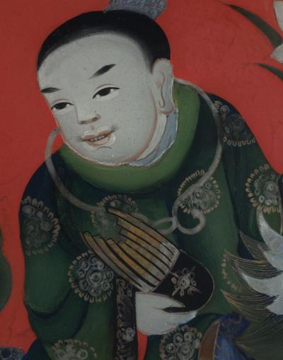 Reverse Glass Painting of a Boy Riding a Qilin China circa 1920