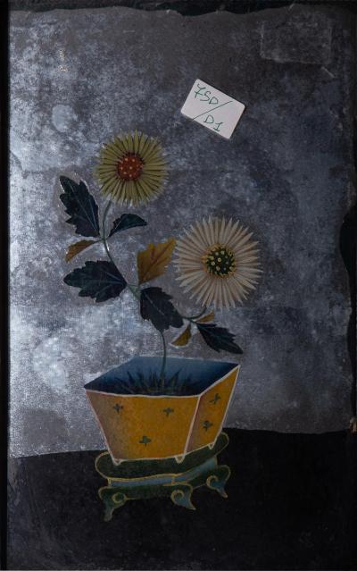 Reverse Glass Painting with yellow chrysanthemums