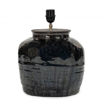 Ribbed Black Glazed Table Lamp with Linen Shade