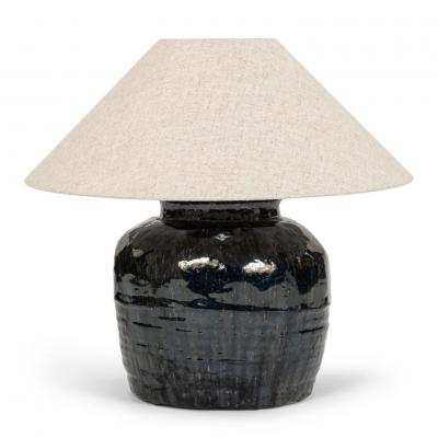 Ribbed Black Glazed Table Lamp with Linen Shade