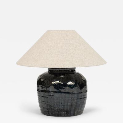 Ribbed Black Glazed Table Lamp with Linen Shade