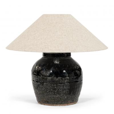 Ribbed Black Glazed Table Lamp with Linen Shade
