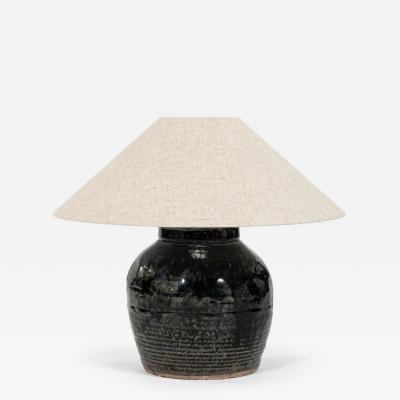 Ribbed Black Glazed Table Lamp with Linen Shade