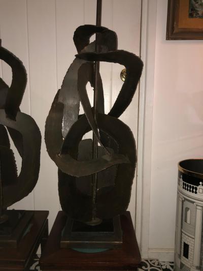 Richard Barr Monumental Pair Brutalist Torch Cut Steel Richard Barr Laurel Lamps Mid Century