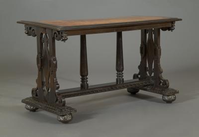 Richard Bridgens A PAIR OF EBONY AND BURR AMBOYNA LIBRARY TABLES TO A DESIGN BY RICHARD BRIDGENS