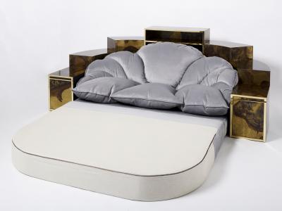 Richard Esabelle Faure Unique Isabelle Richard Faure oxidized brass velvet sofa bed 1970s