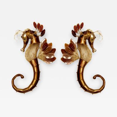 Richard Faure Pair of large sconces sculptures Seahorses 