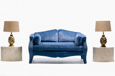 Richard Himmel Pair of Richard Himmel Lutece Bomb Settees in Sapphire Blue Faux Fur c 1970