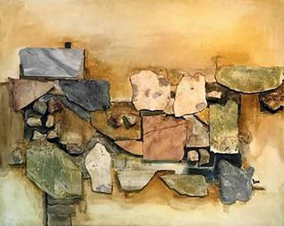 Richard Lee Monumental Assorted Natural Stone and Paint Mural on Wood Signed Lee