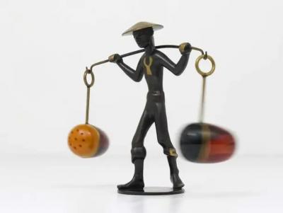 Richard Rohac Asian Brass Figurine Salt Pepper Shakers Set Holder by Rohac Austria 1950s