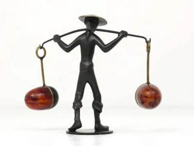 Richard Rohac Asian Brass Figurine Salt Pepper Shakers Set Holder by Rohac Austria 1950s