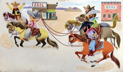 Richard Scarry Brave Cowboy Bill Little Golden Book Original 2 Page Illustration