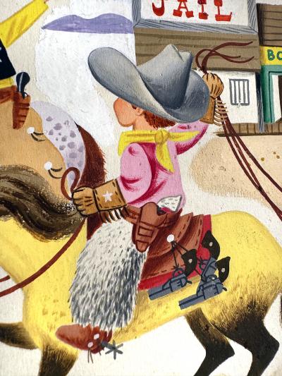 Richard Scarry Brave Cowboy Bill Little Golden Book Original 2 Page Illustration