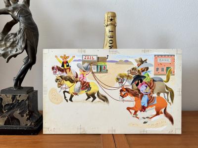 Richard Scarry Brave Cowboy Bill Little Golden Book Original 2 Page Illustration