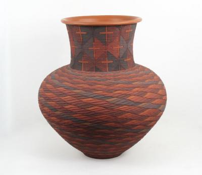 Richard Zane Smith Corrugated polychrome Wyandot jar by Richard Zane Smith