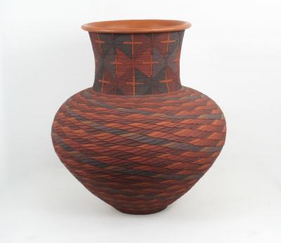 Richard Zane Smith Corrugated polychrome Wyandot jar by Richard Zane Smith