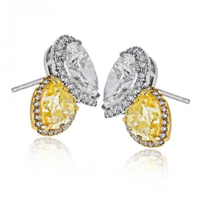 Rick Shatz Platinum 18K YG Handmade Pear Shape Fancy Yellow Diamond Stud Earrings