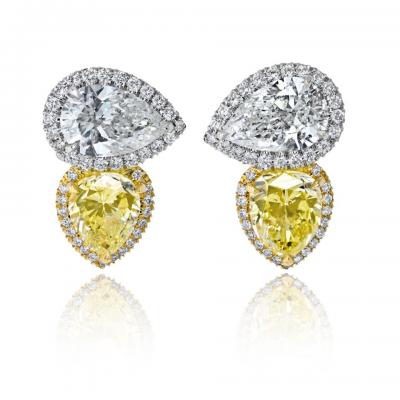 Rick Shatz Platinum 18K YG Handmade Pear Shape Fancy Yellow Diamond Stud Earrings