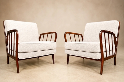 Rino Levi Mid Century Brazilian Armchairs by Rino Levi Hardwood Boucl 1960s
