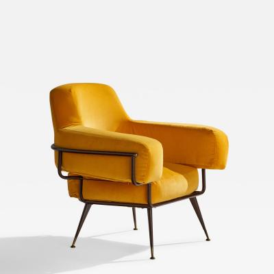 Rito Valla Lounge Chair with Metal Brass and Velvet Italy 1950s