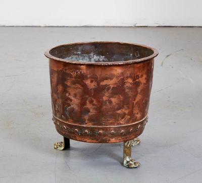 Riveted Copper Log Bin with Brass Paw Feet
