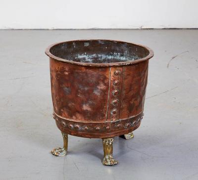 Riveted Copper Log Bin with Brass Paw Feet