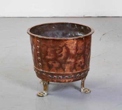 Riveted Copper Log Bin with Brass Paw Feet