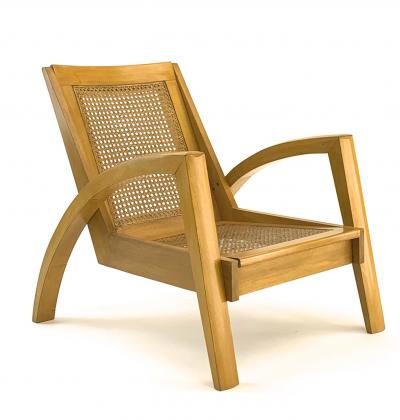 Riviera style pair of blond canned lounge chairs